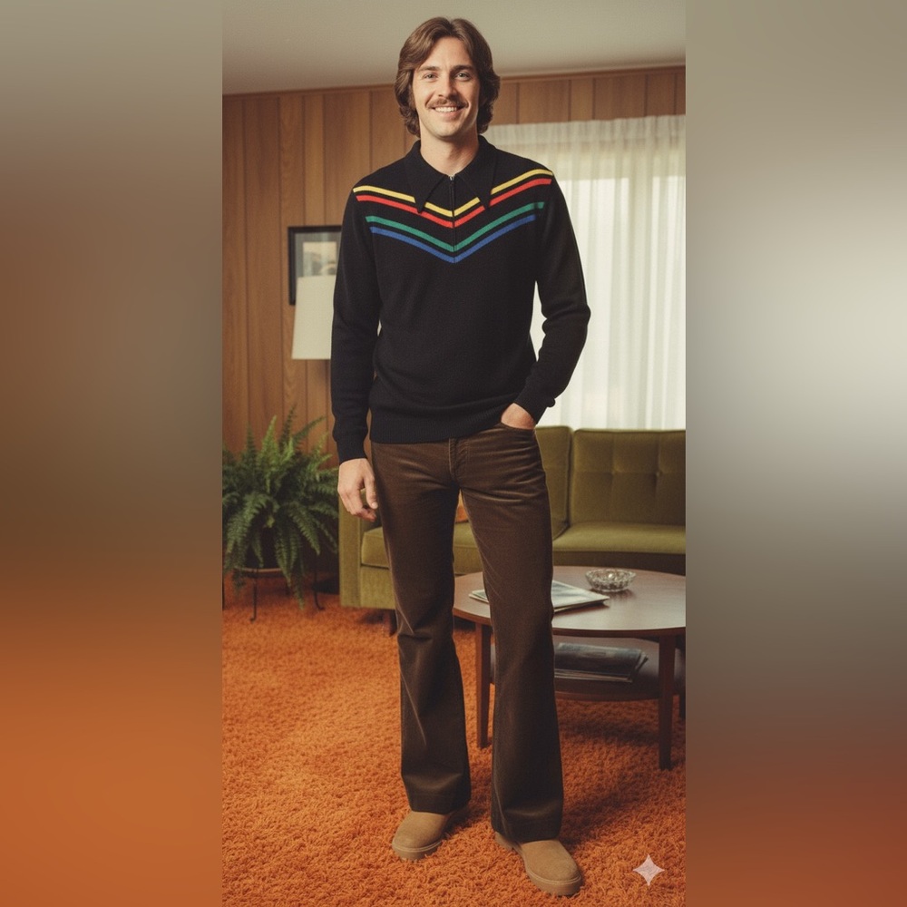 Dimension x Milford vintage 70s point collar rainbow‎ stripe quarter Zip Sweater